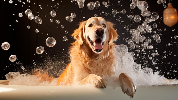 dog taking a foam in a bathtub Generative AI