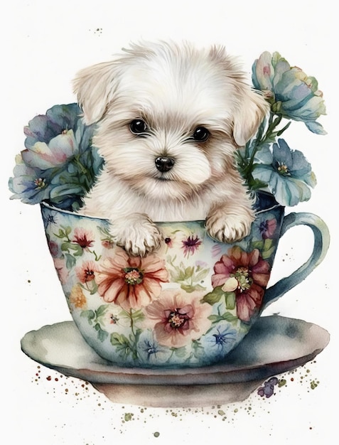 A dog in a teacup with flowers on it