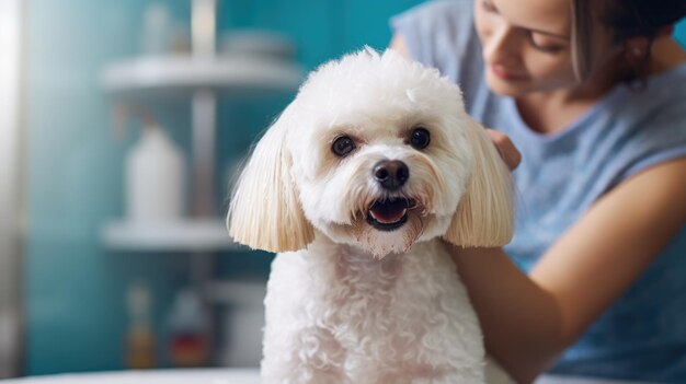 Foto un cane che è felice mentre viene curato dal veterinario