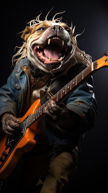 Dog that is holding guitar and wearing jacket Generative AI