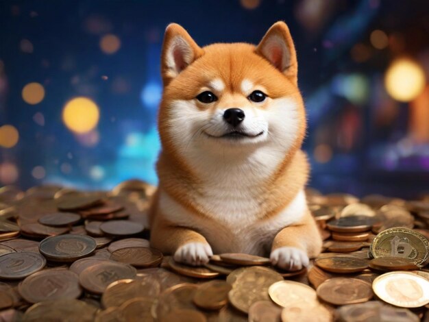 a dog that is laying down with some coins