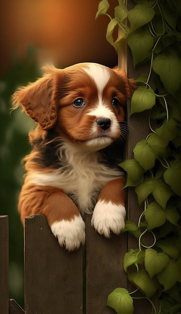 A dog that is looking over a fence