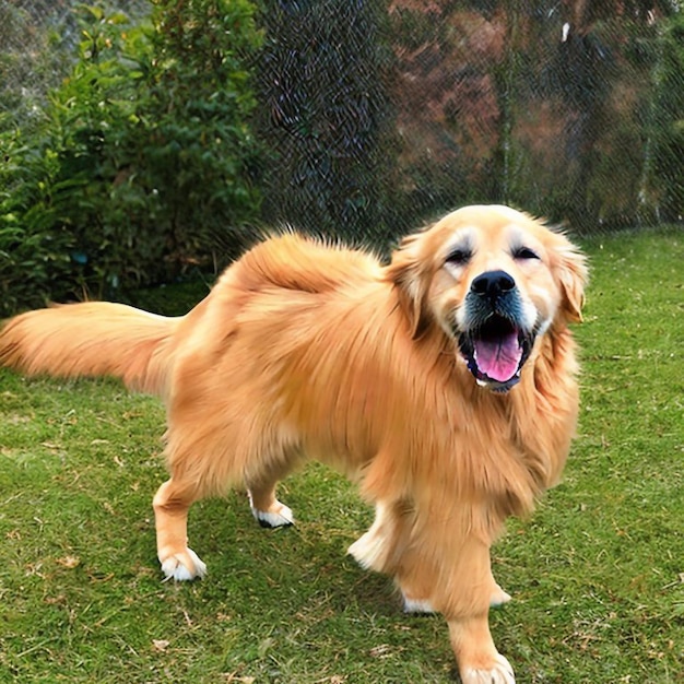 A dog that is outside with a chain link fence in the background