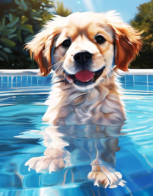 собака, которая находится в бассейне с водой и его фотографией