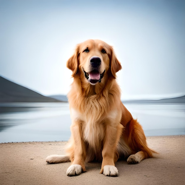 A dog that is sitting on a beach with the word golden on it