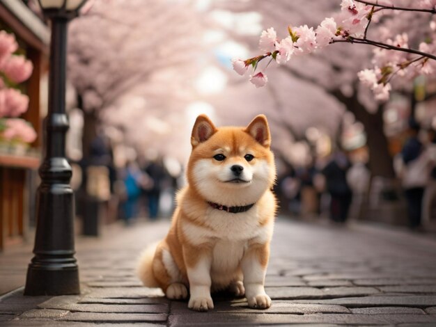 レンガの歩道に座っている犬