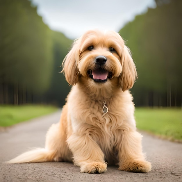 A dog that is sitting down on a road