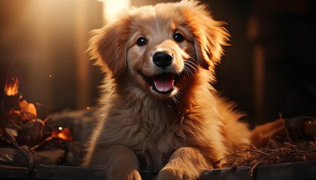 a dog that is sitting in front of a fireplace