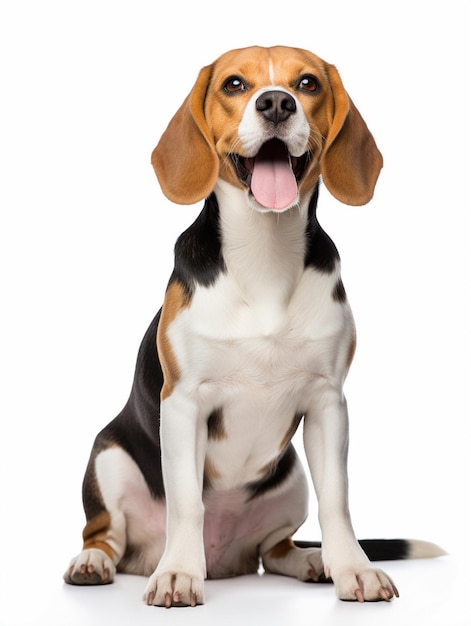 a dog that is sitting in front of a white background