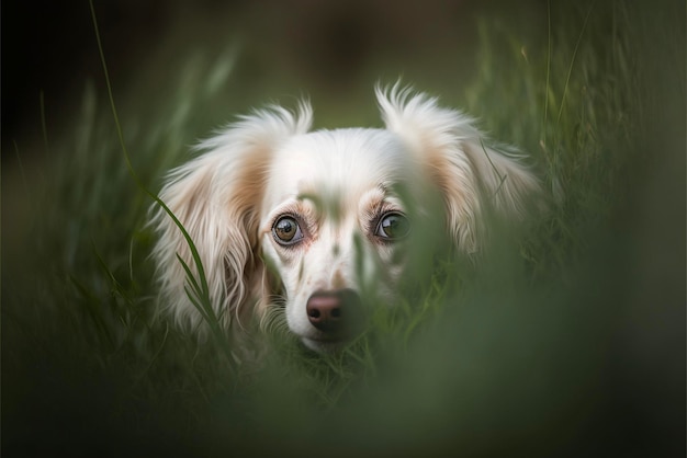 草の中に座っている犬