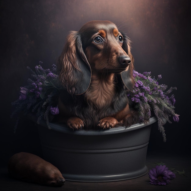 A dog that is sitting in a pot with purple flowers.