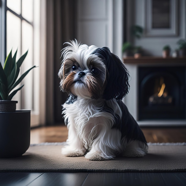 A dog that is sitting on a rug with a potted plant next to it.