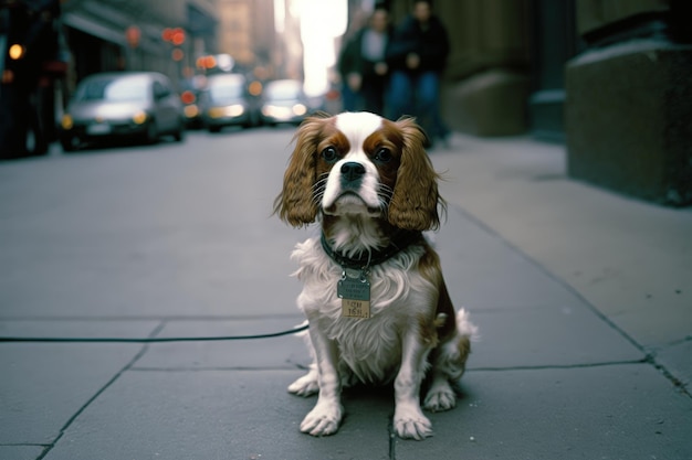 A dog that is sitting on the sidewalk