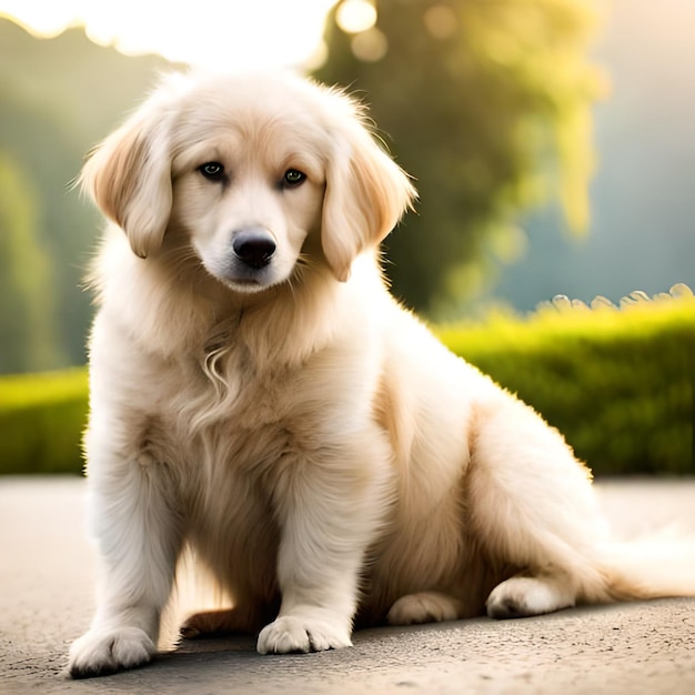 A dog that is sitting on a sidewalk