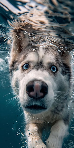 a dog that is swimming in water with his eyes open