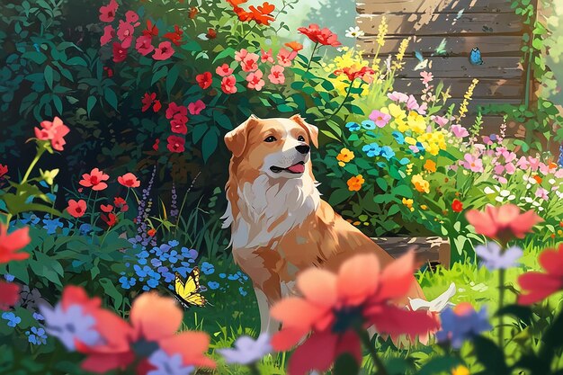 A dog that sits between the flowers and watching butterflies