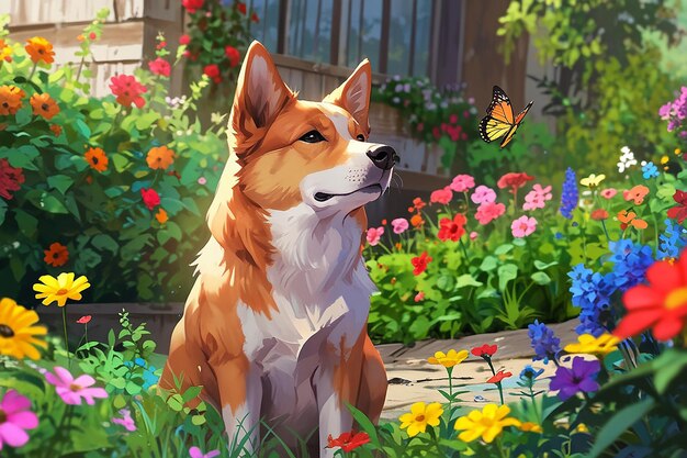 A dog that sits between the flowers and watching butterflies