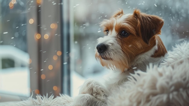 白いふわふわした椅子に座っている犬