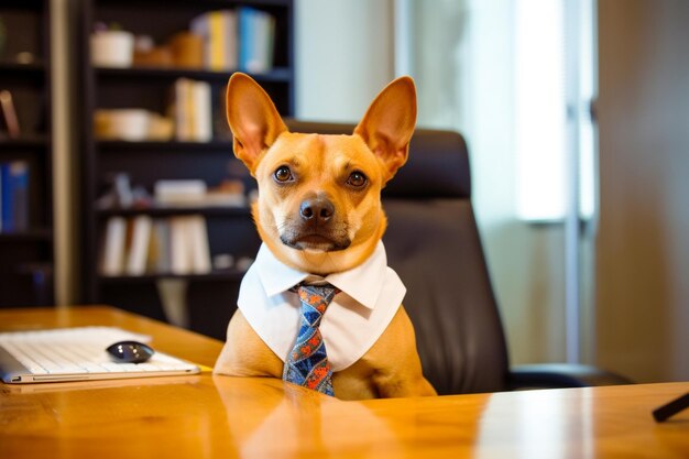 Photo a dog in a tie sits at a desk in an office.