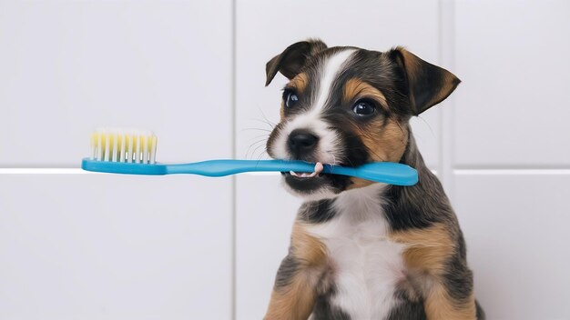 Dog and toothbrush in white background concept of pets dental hygiene