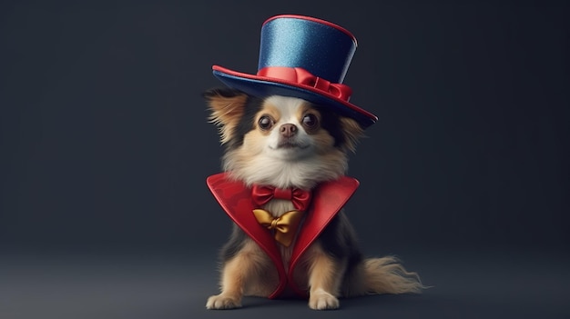 A dog in a top hat and a top hat with a red bow