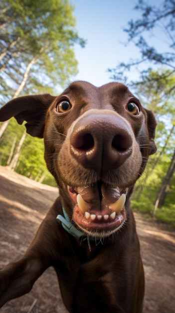 Dog touches camera taking selfie Funny selfie portrait of animal