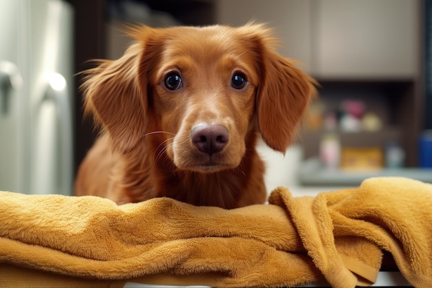 Dog towel drying focus on the fur texture