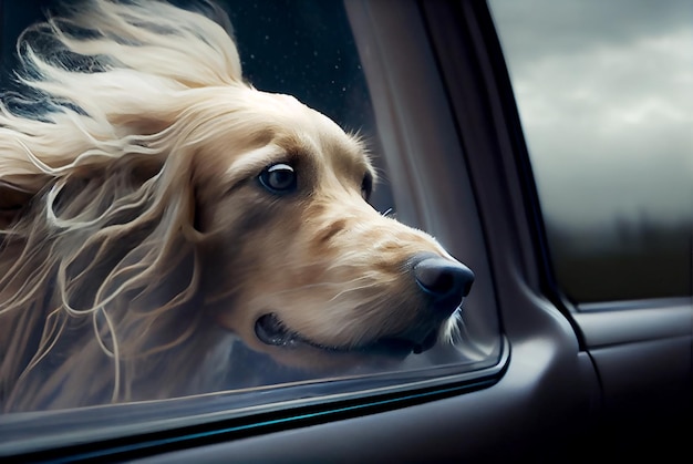 Dog travel by car Dog looking through window on road