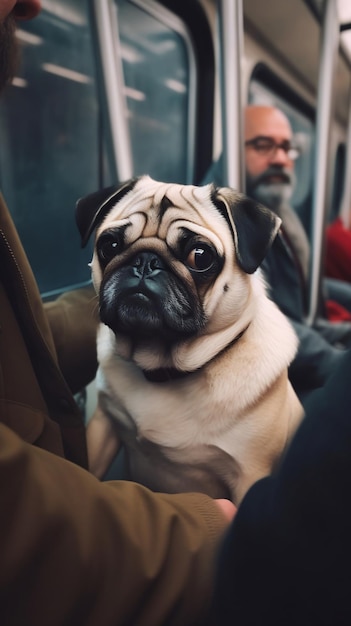 Dog traveling on public transport looking at the camera with a I didn't do it face Generative AI