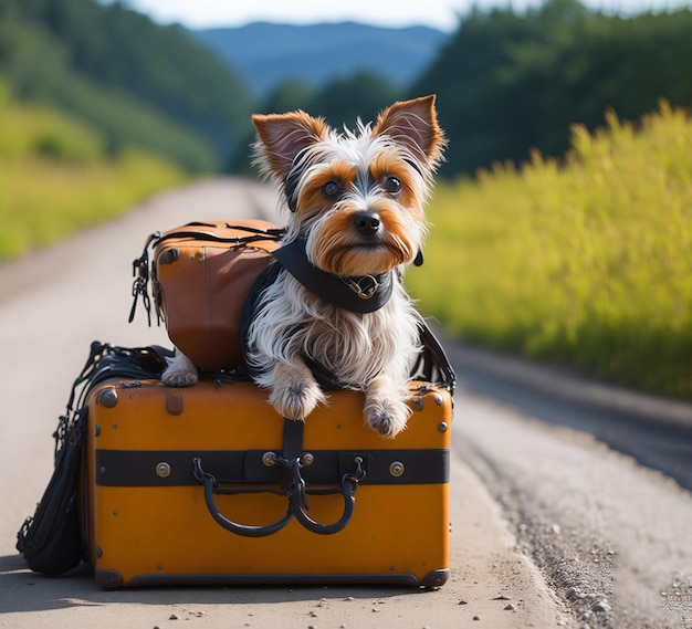 荷物を持って旅行する犬