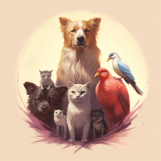 a dog and two cats are sitting together and one has a dog and a bird on the other.