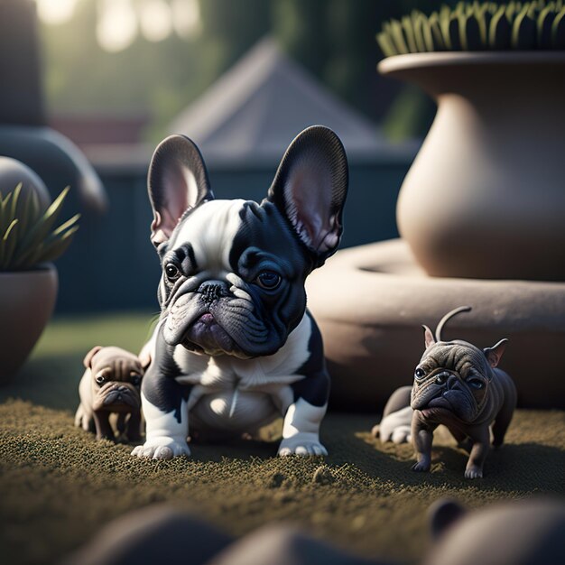 A dog and two other figurines are sitting on the ground.