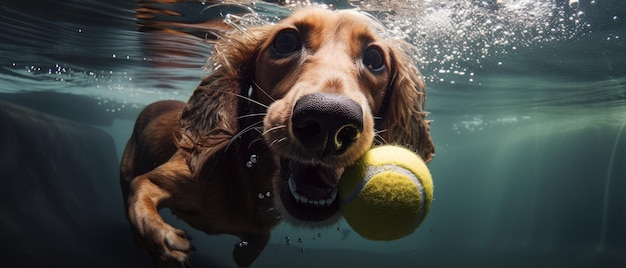 テニスボールを持った水中の犬 ジェネレーティブ AI