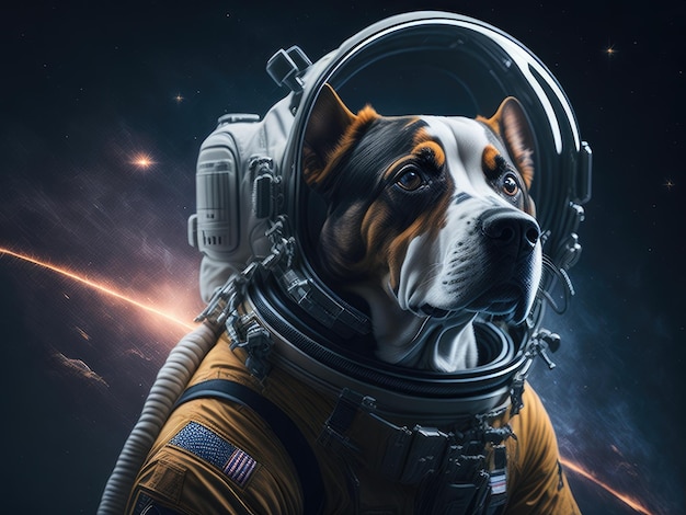 Dog in uniform of astronaut in space ai generative