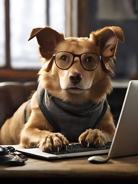 Фото Собака, использующая компьютер и просматривающая интернет.
