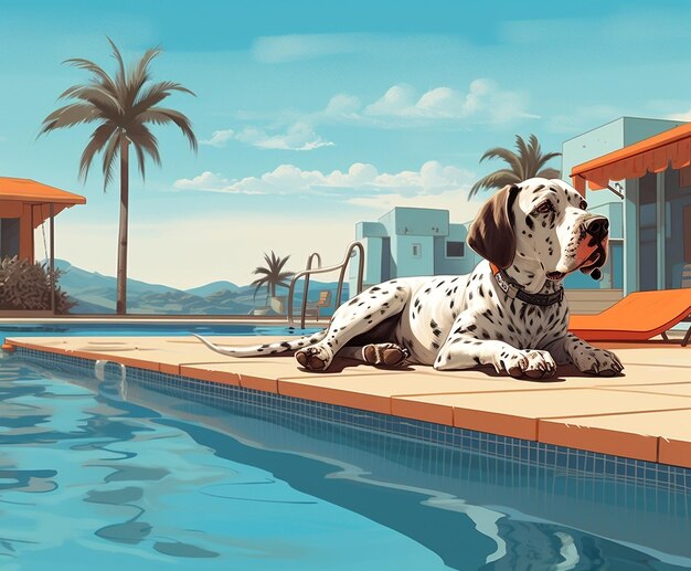 Dog on Vacation Poolside Illustration Generative AI