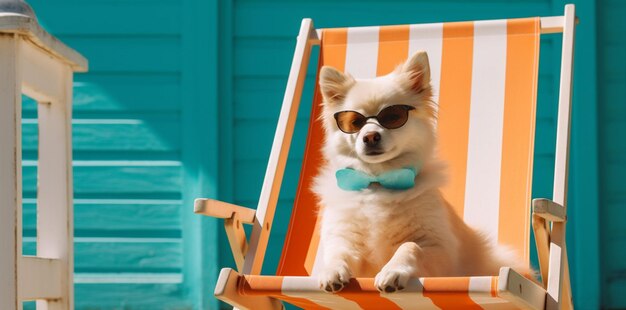 Dog vacation relax beach lazy chair summer funny sunglasses pet Generative AI