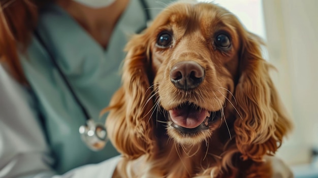 医診療所の犬 医師はテーブルの上で犬を検査した 医は犬をチェックアップしている