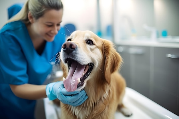 A dog at a veterinarian's appointment in a modern veterinary clinic a female doctor evaluates the animal's health and performs the necessary medical procedures