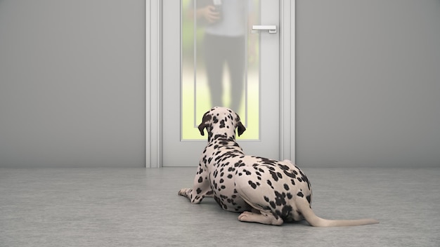 Cane in attesa davanti alla porta 3d rendering