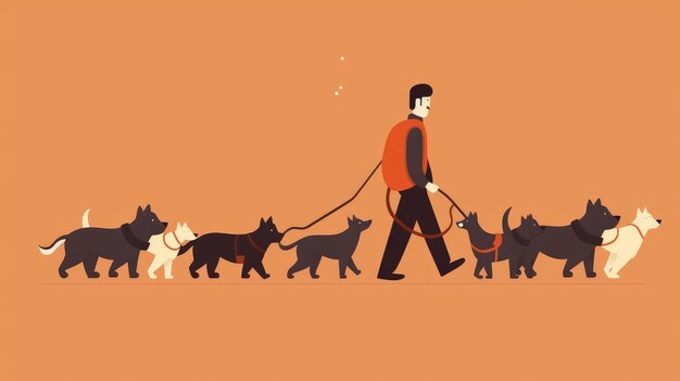 Dog walker walking many dogs vector illustration