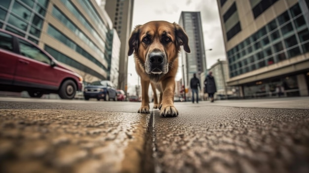 A dog walking on a modern city sidewalk AI generated