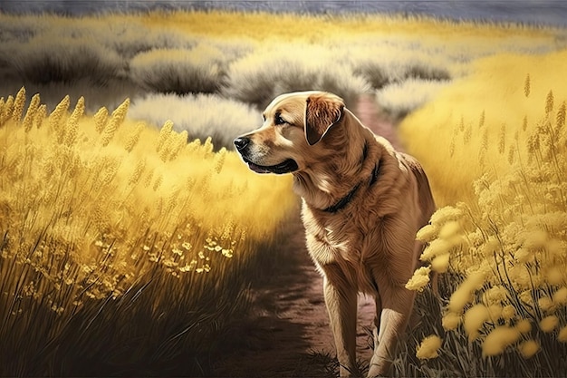 Dog walking through golden field on spring day