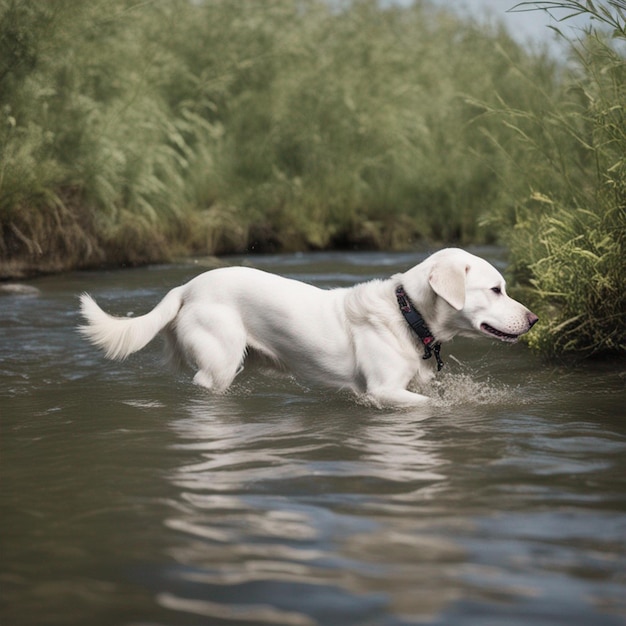 A Dog was swinging at the water lake in the forest wallpaper