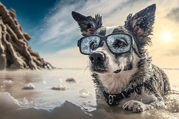 A dog in the water with glasses and a sky background