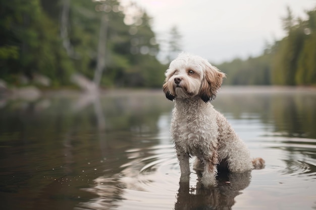a dog in the water with trees in the background