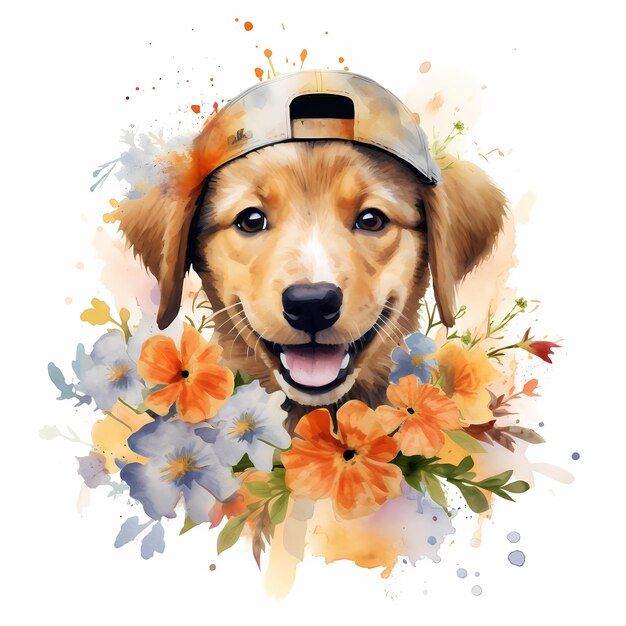 Photo dog watercolor isolated on white background cute portrait of dog with spring or summer flowers set