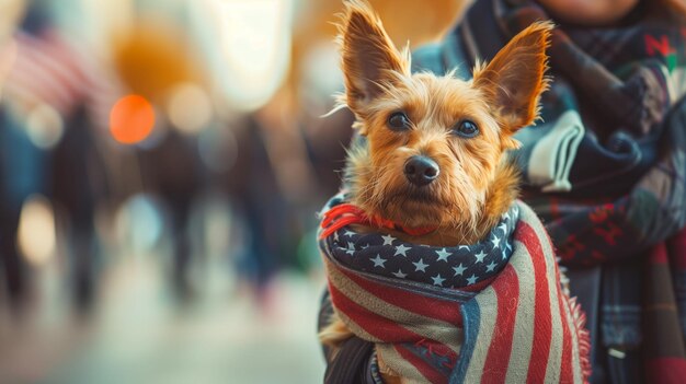 Foto cane che indossa una sciarpa con la bandiera americana con il proprietario in città durante le elezioni presidenziali