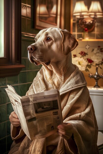 Dog wearing a bathrobe and reading a newspaper