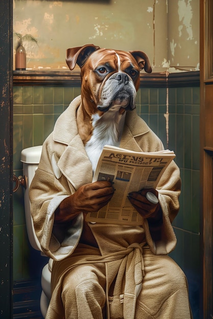 Dog wearing a bathrobe and reading a newspaper